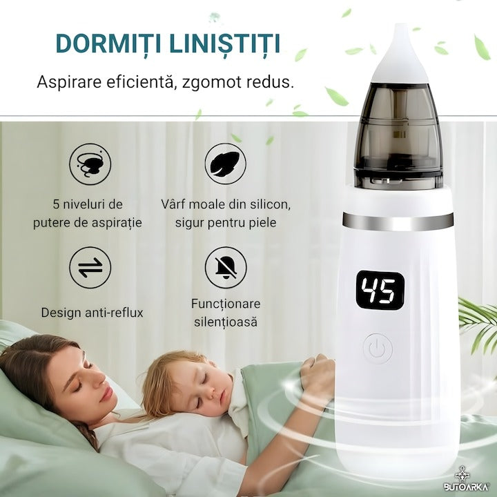 Aspirator nazal electric 2 în 1 pentru bebeluși și copii, LCD, 5 trepte, USB, 65 kPa