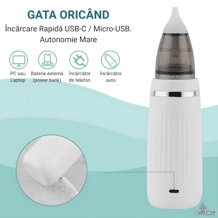 Aspirator nazal electric 2 în 1 pentru bebeluși și copii, LCD, 5 trepte, USB, 65 kPa