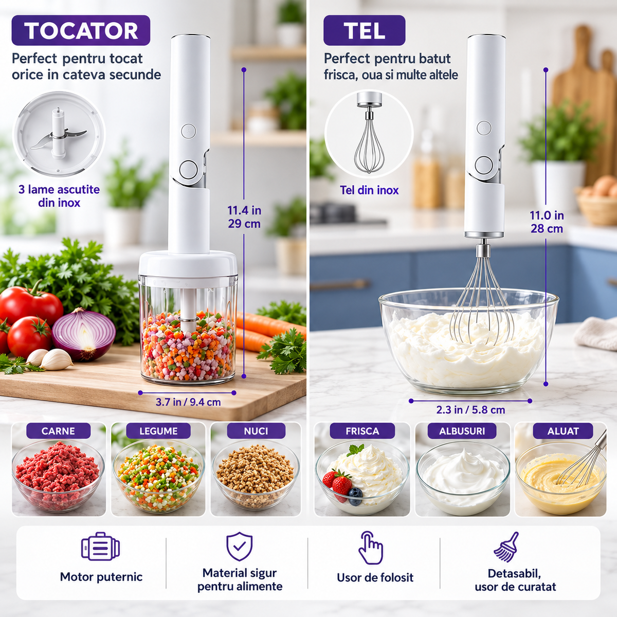 Mixer Electric 3 in 1 Reincarcabil, Tocator Alimente, Tel, Wireless, BPA Free, MAS0431