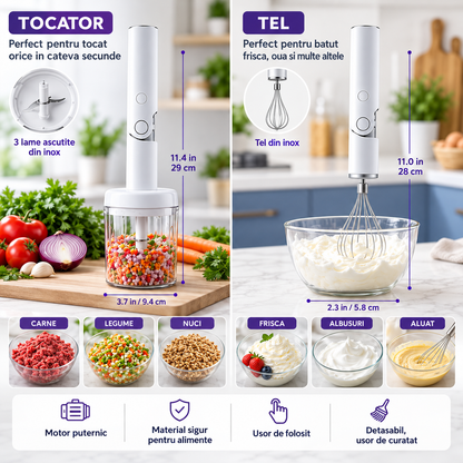 Mixer Electric 3 in 1 Reincarcabil, Tocator Alimente, Tel, Wireless, BPA Free, MAS0431