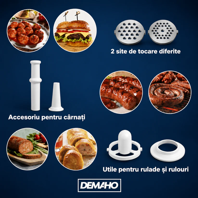 Masina De Carne DEMAHO 3000W – Tocare Rapida, Functie Reverse si Accesorii Pentru Carnati & Kibbe