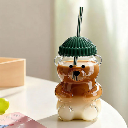 Pahar StarBucks Teddy Bear Din Sticla Cu Pai Si Capac 500ML Reutilizabil Verde