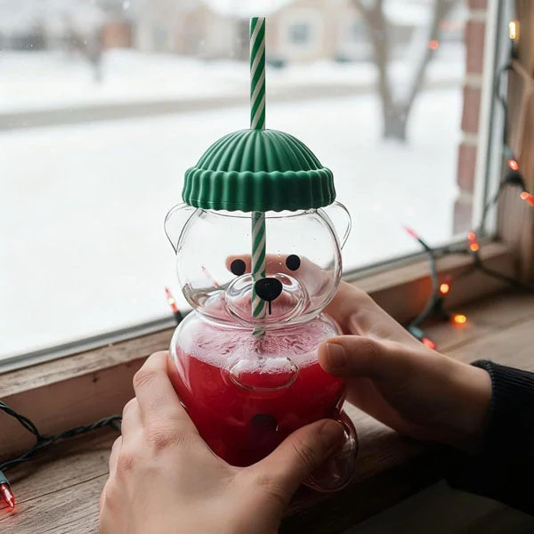 Pahar StarBucks Teddy Bear Din Sticla Cu Pai Si Capac 500ML Reutilizabil Verde