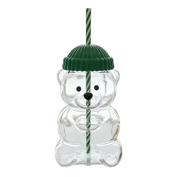 Pahar StarBucks Teddy Bear Din Sticla Cu Pai Si Capac 500ML Reutilizabil Verde