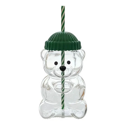 Pahar StarBucks Teddy Bear Din Sticla Cu Pai Si Capac 500ML Reutilizabil Verde