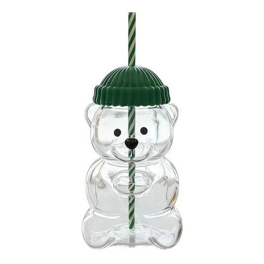 Pahar StarBucks Teddy Bear Din Sticla Cu Pai Si Capac 500ML Reutilizabil Verde