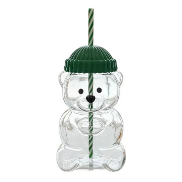 Pahar StarBucks Teddy Bear Din Sticla Cu Pai Si Capac 500ML Reutilizabil Verde