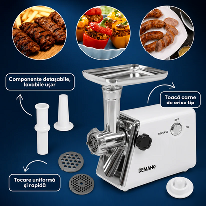 Masina De Carne DEMAHO 3000W – Tocare Rapida, Functie Reverse si Accesorii Pentru Carnati & Kibbe