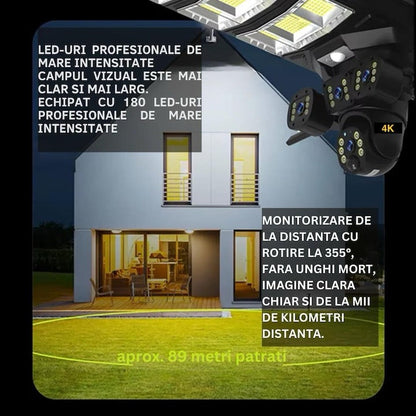 Cameră 4K 360° Solară 2in1 cu Lumină LED 450W, 4G/WiFi + Card Cadou 32GB