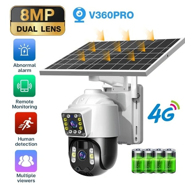 Cameră Supraveghere Solară 4G/WiFi Dual Lens 8MP 4K cu PTZ și Vedere Nocturnă - card 32GB inclus