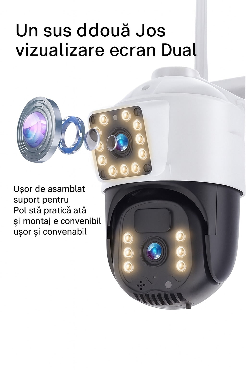 Cameră Supraveghere Solară 4G/WiFi Dual Lens 8MP 4K cu PTZ și Vedere Nocturnă - card 32GB inclus