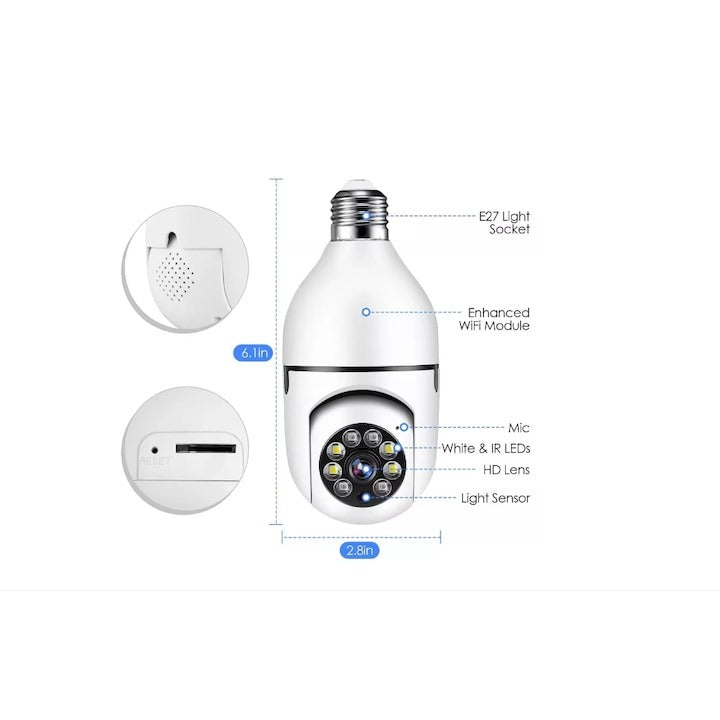 Cameră de supraveghere tip bec E27 Dual WiFi FullHD cu card 32GB inclus