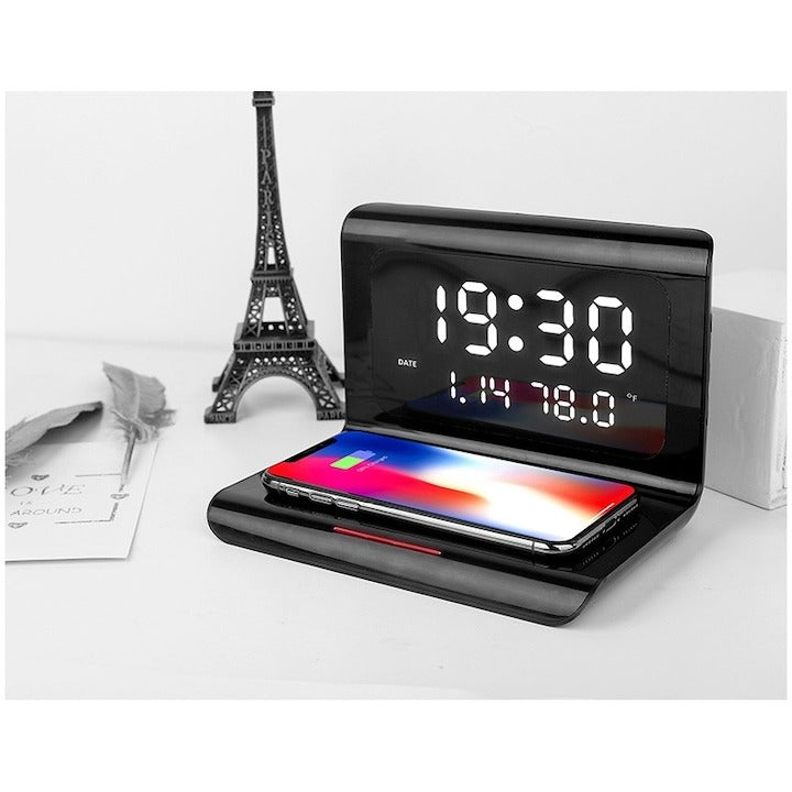 Ceas digital birou – încărcare wireless rapidă, alarmă, negru, compatibil iOS & Android
