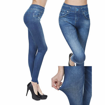 Colanți modelatori tip blugi, talie înaltă, efect push-up, culoare albastră - marime Universala