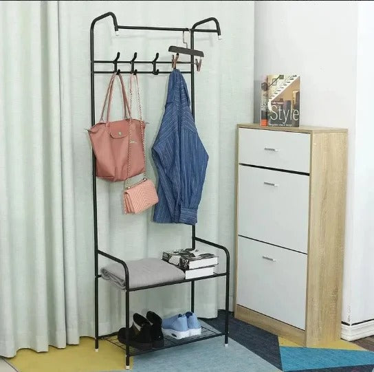 Cuier Metalic cu Suport Pantofi MKS-306, 165x57 cm, Negru