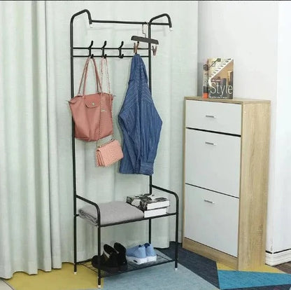 Cuier Metalic cu Suport Pantofi MKS-306, 165x57 cm, Negru