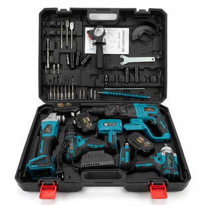 Trusa Scule Electrice 4 in 1, 3 Acumulatori 128V, Flex, Bormasina, Rotopercutor, Impact, Lanterna