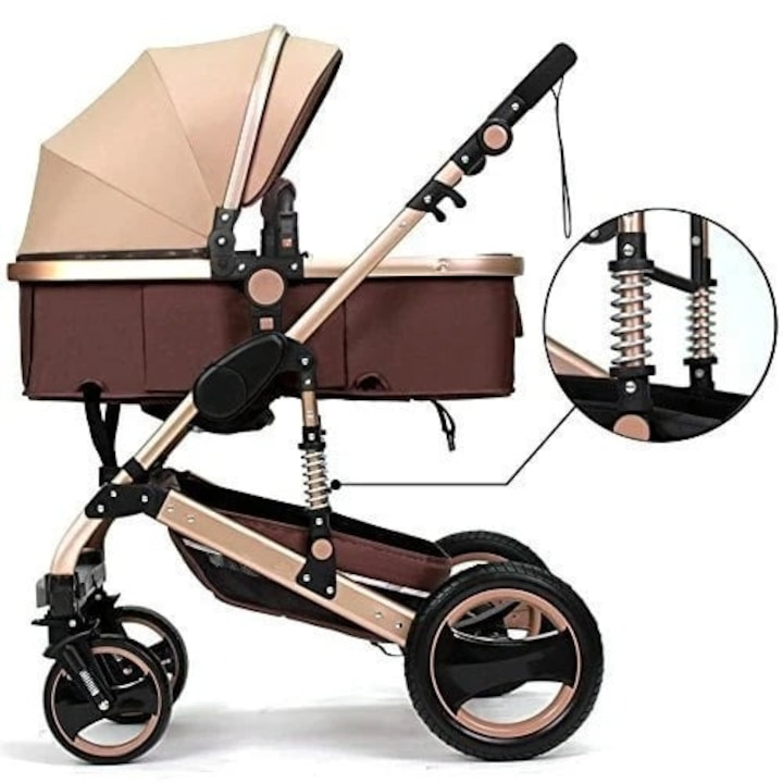 Carucior 2 in 1 pentru Copii, Pliabil, Landou Transformabil Sport, Suspensii, 0-36 Luni, Maro