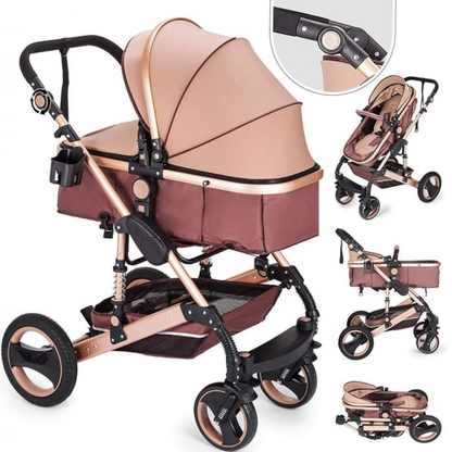 Carucior 2 in 1 pentru Copii, Pliabil, Landou Sport, Suspensii, Maro, Salteluta Interactiva Cadou