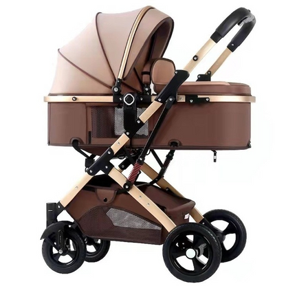 Carucior 2 in 1 pentru Copii, Pliabil, Landou Sport, Suspensii, Maro, Salteluta Interactiva Cadou