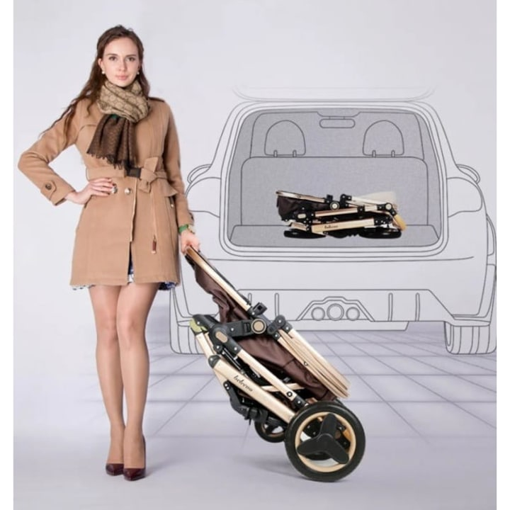 Carucior 2 in 1 pentru Copii, Pliabil, Landou Sport, Suspensii, Maro, Salteluta Interactiva Cadou