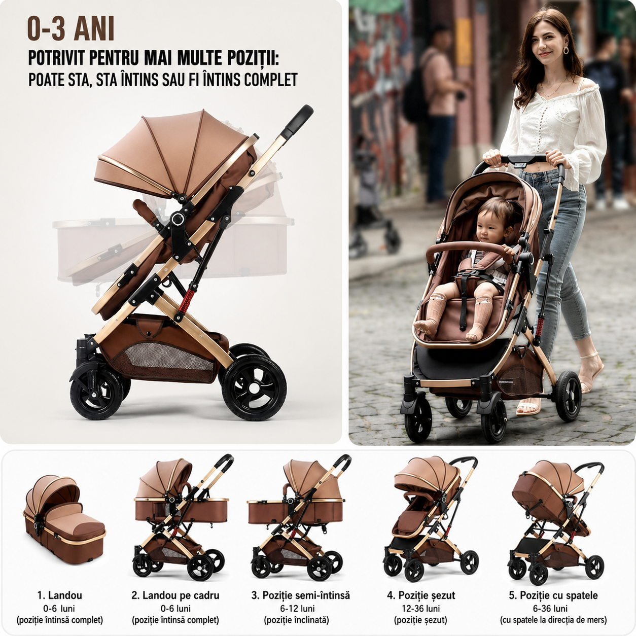 Carucior 2 in 1 pentru Copii, Pliabil, Landou Transformabil Sport, Suspensii, 0-36 Luni, Maro