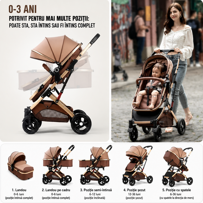 Carucior 2 in 1 pentru Copii, Pliabil, Landou Sport, Suspensii, Maro, Salteluta Interactiva Cadou