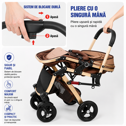 Carucior 2 in 1 pentru Copii, Pliabil, Landou Sport, Suspensii, Maro, Salteluta Interactiva Cadou