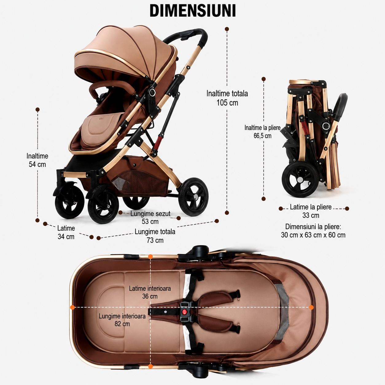Carucior 2 in 1 pentru Copii, Pliabil, Landou Transformabil Sport, Suspensii, 0-36 Luni, Maro