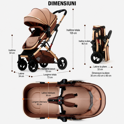 Carucior 2 in 1 pentru Copii, Pliabil, Landou Sport, Suspensii, Maro, Salteluta Interactiva Cadou