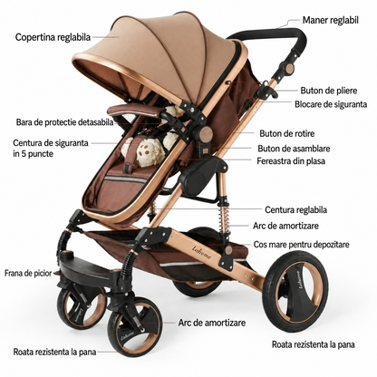 Carucior 2 in 1 pentru Copii, Pliabil, Landou Transformabil Sport, Suspensii, 0-36 Luni, Maro