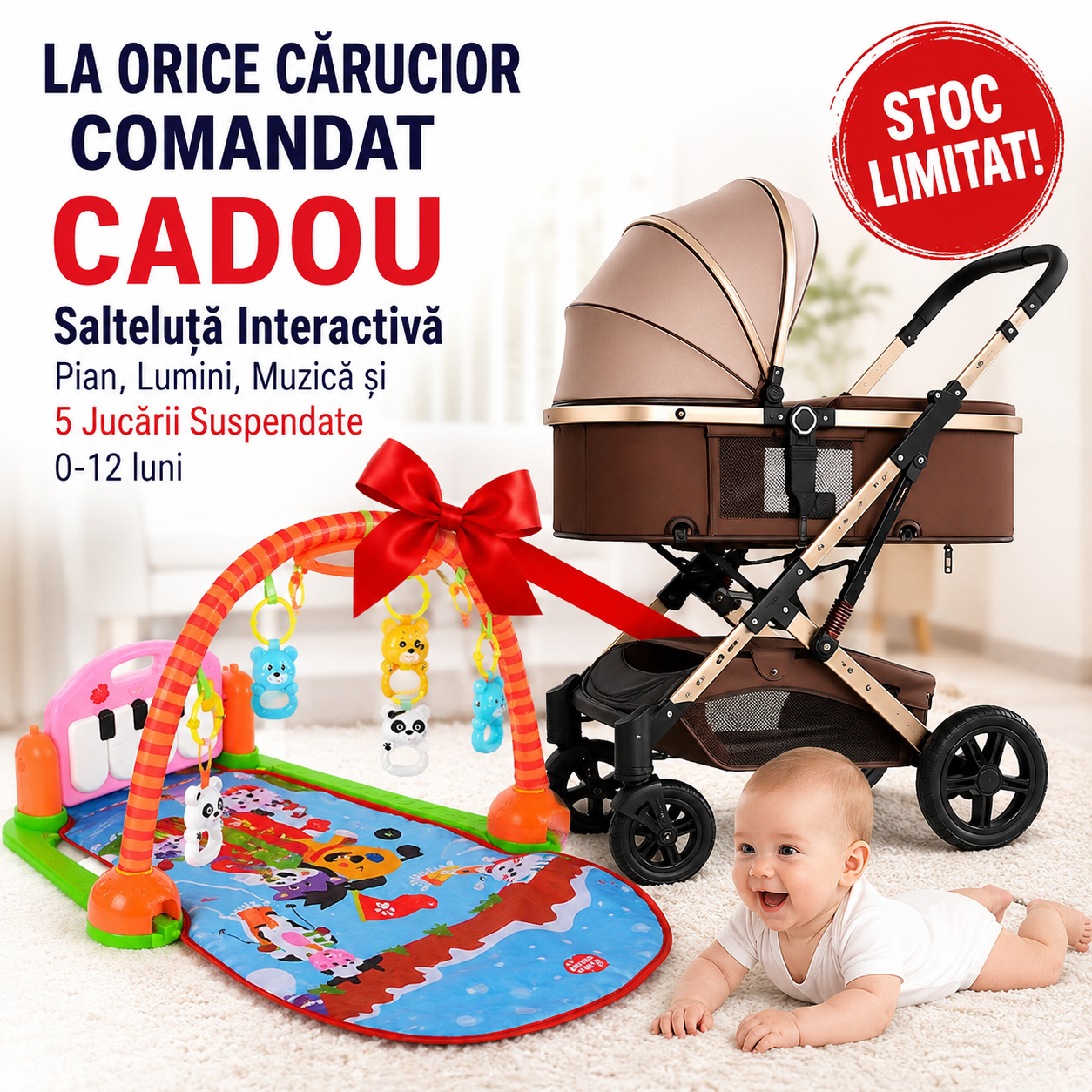 Carucior 2 in 1 pentru Copii, Pliabil, Landou Sport, Suspensii, Maro, Salteluta Interactiva Cadou