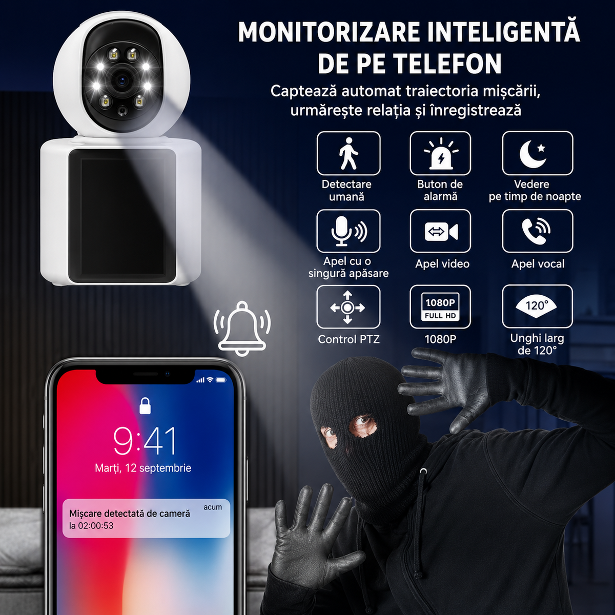 Camera Smart WiFi 1080P – Apel Video, Rotire 360, Night Vision si Card 32GB Cadou