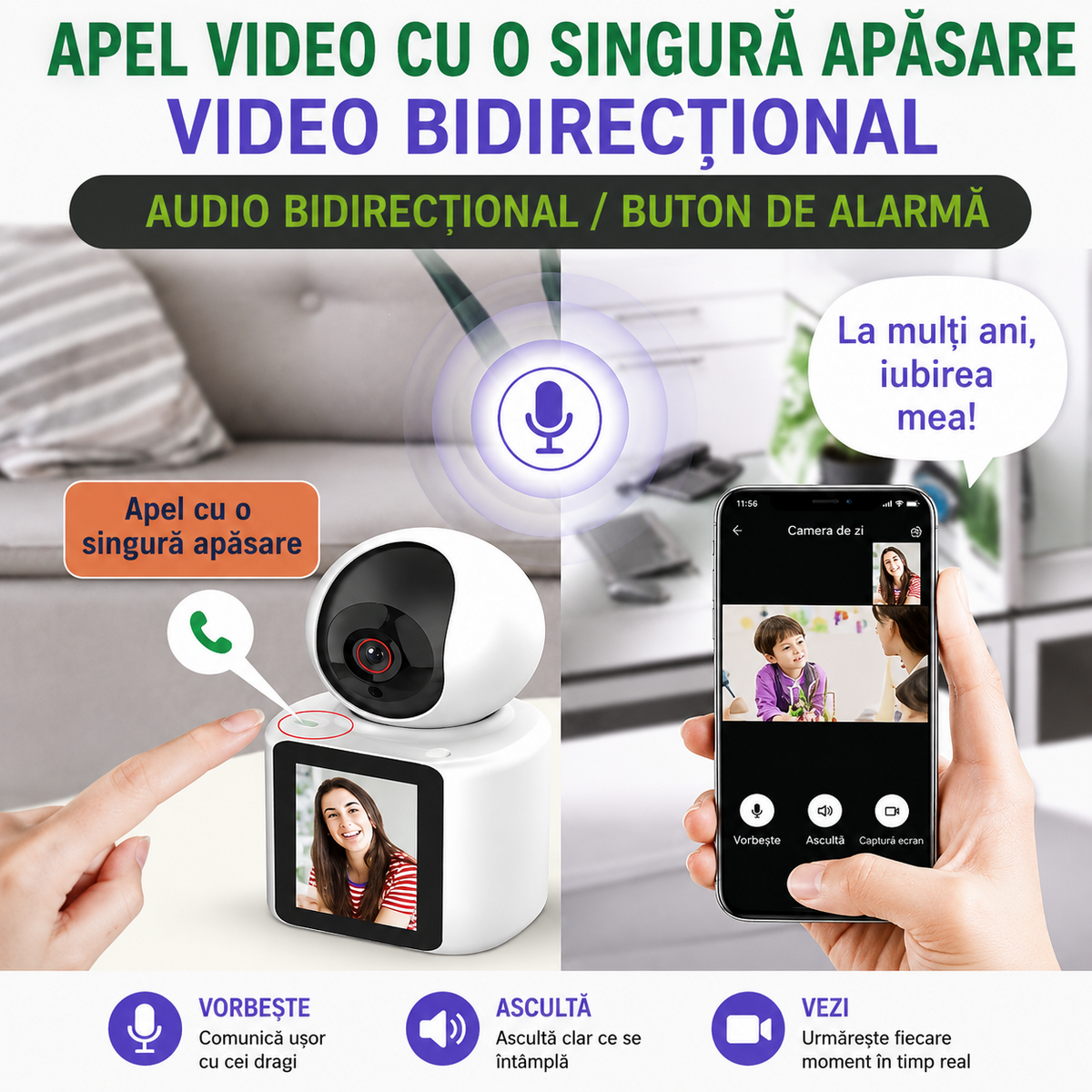 Camera Smart WiFi 1080P – Apel Video, Rotire 360, Night Vision si Card 32GB Cadou