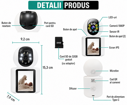 Camera Smart WiFi 1080P – Apel Video, Rotire 360, Night Vision si Card 32GB Cadou