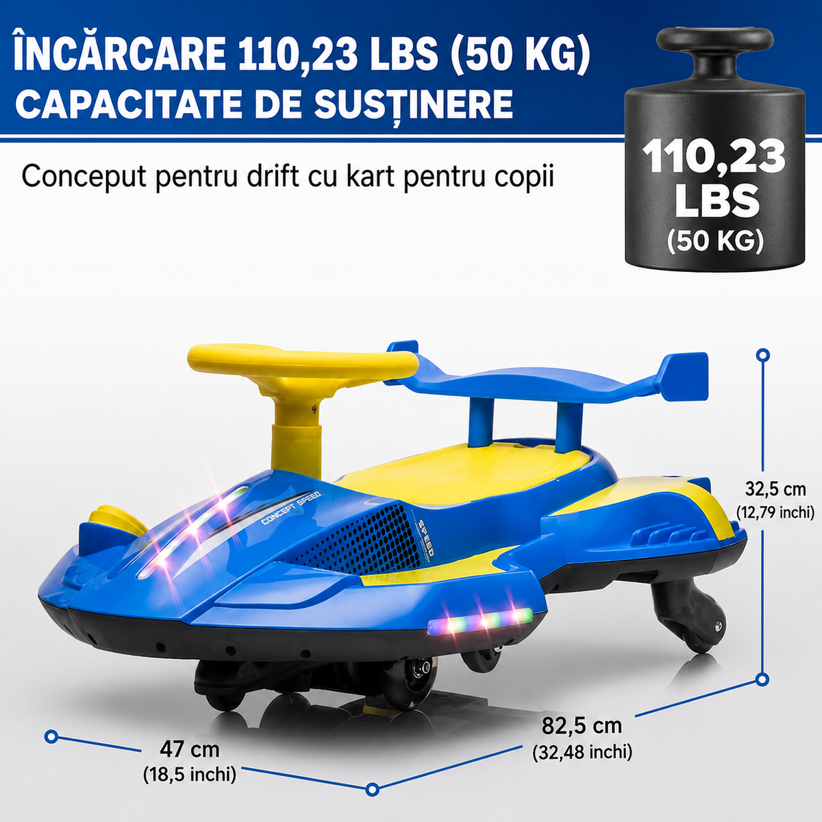 Kart Electric pentru Copii cu Drifting, Bluetooth, MP3 USB, Lumini LED, Efect Fum, 12V 7Ah