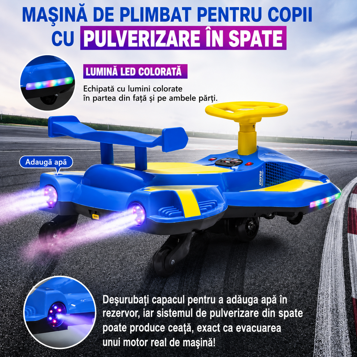 Kart Electric pentru Copii cu Drifting, Bluetooth, MP3 USB, Lumini LED, Efect Fum, 12V 7Ah