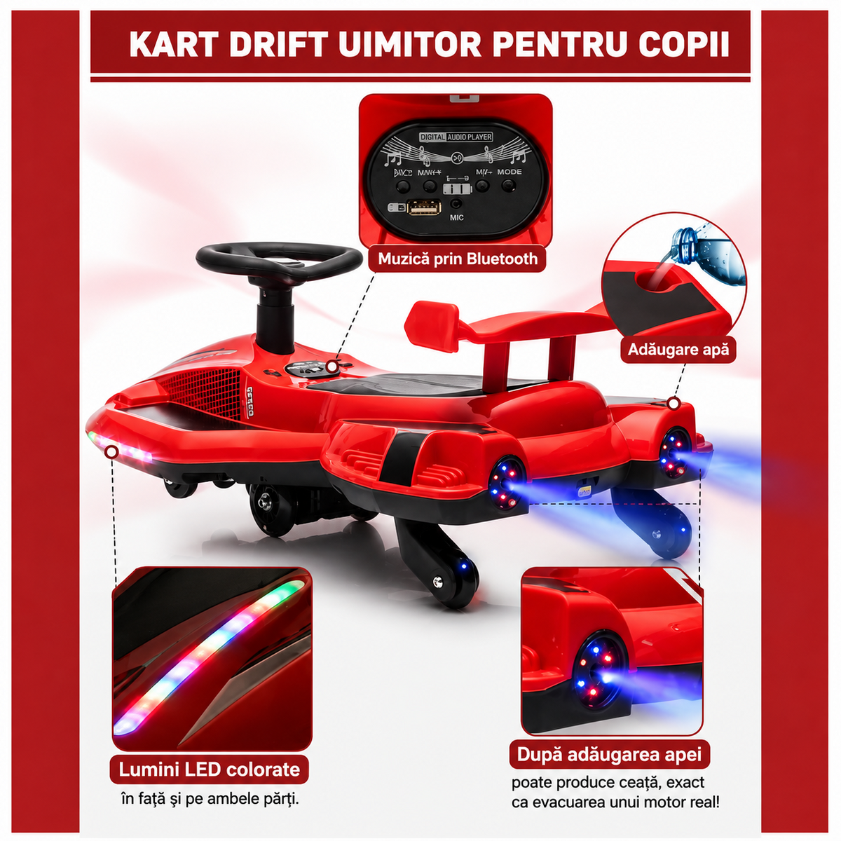 Kart Electric pentru Copii cu Drifting, Bluetooth, MP3 USB, Lumini LED, Efect Fum, 12V 7Ah