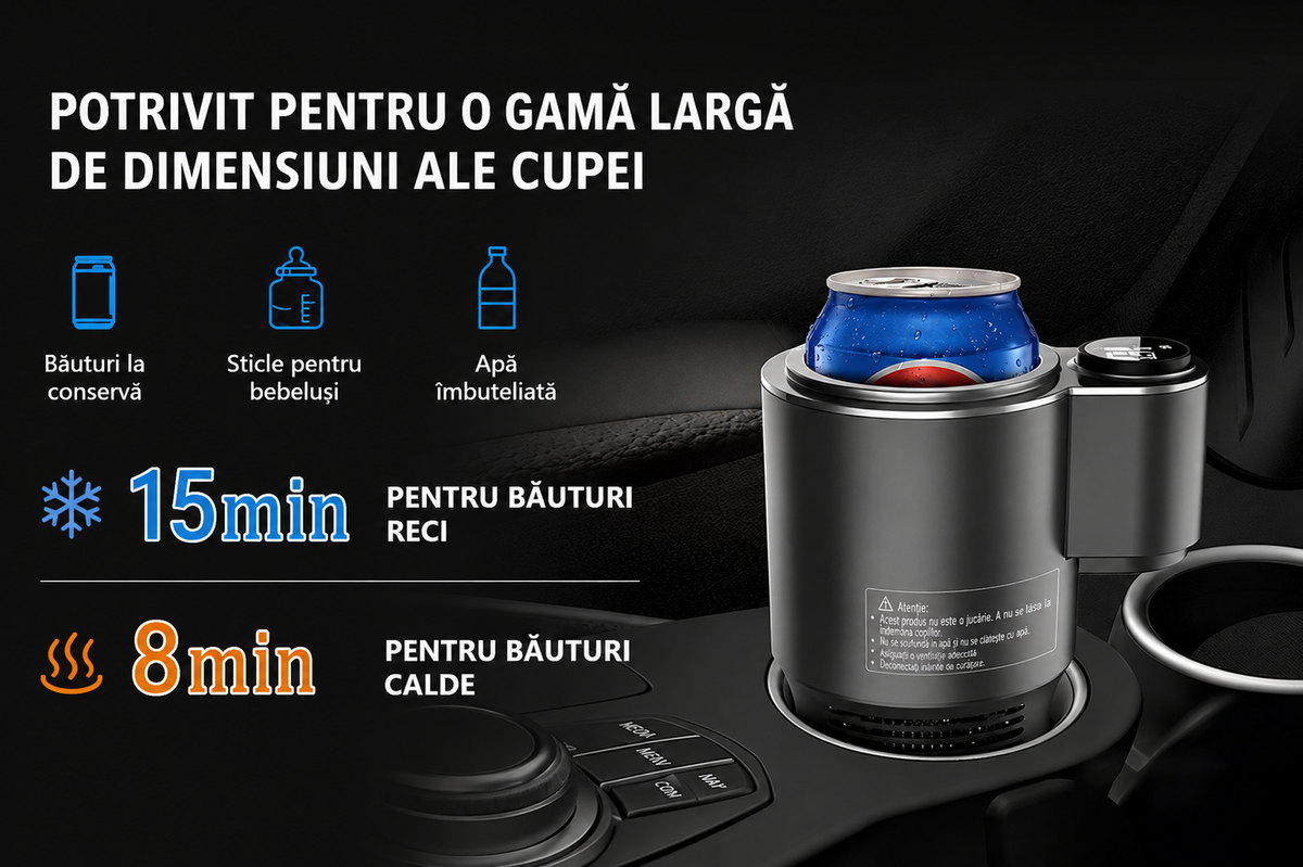 Suport Auto Inteligent 2 in 1 pentru Racire si Incalzire Bauturi, Ecran Digital, 12V, Negru