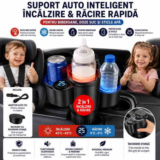Suport Auto Inteligent 2 in 1 pentru Racire si Incalzire Bauturi, Ecran Digital, 12V, Negru