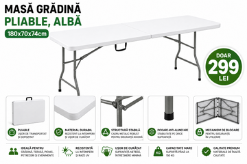 Masa Gradina Pliabila Alba, HDPE, 180x70x74 cm, Maner Transport, Practica pentru Gradina, Terasa, Camping si Evenimente