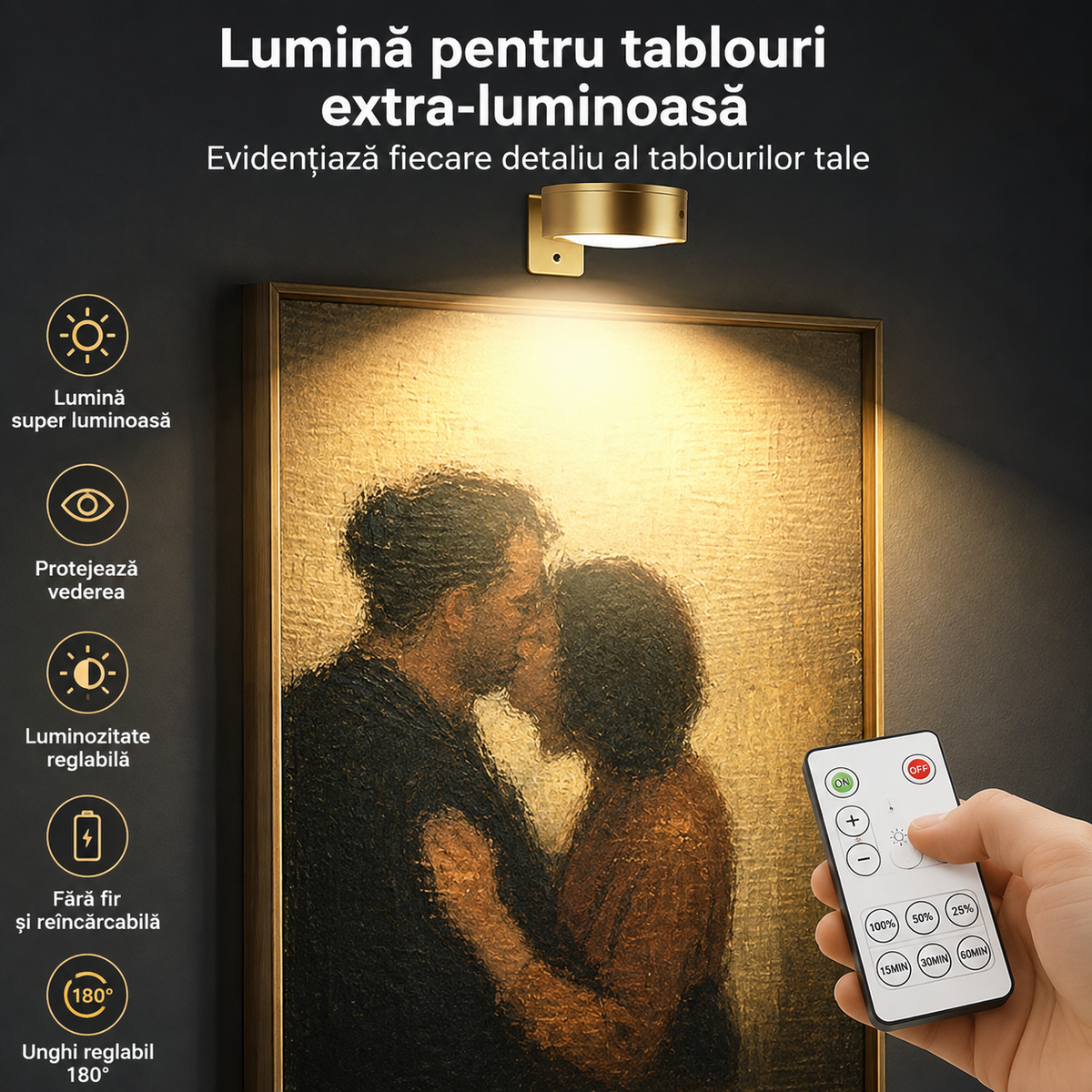 Set 3 Lampi LED de Perete cu Telecomanda, 3 Culori, Lumina Reglabila si Timer