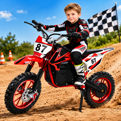 Motocicleta Electrica Dirt Bike pentru Copii, 36V 1000W, Roti Cauciuc 10 Inch, Frane pe Disc, 8-13 Ani - Rosu