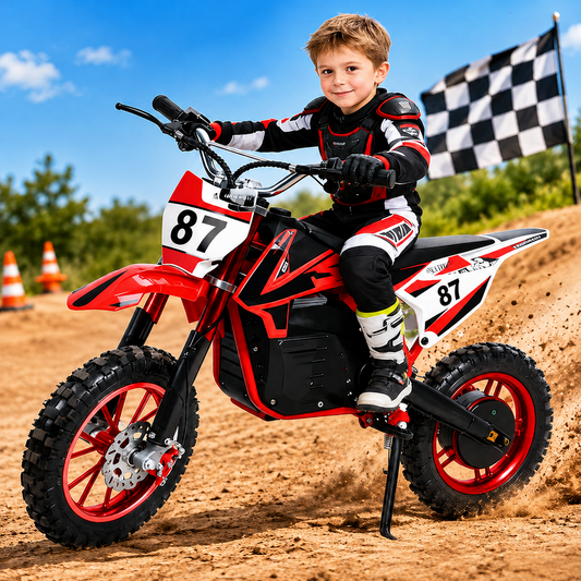 Motocicleta Electrica Dirt Bike pentru Copii, 36V 1000W, Roti Cauciuc 10 Inch, Frane pe Disc, 8-13 Ani - Rosu