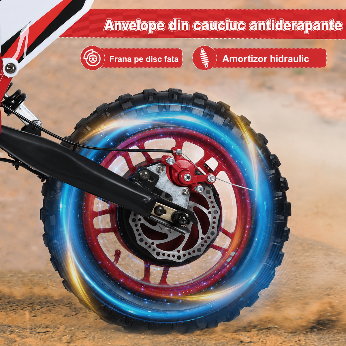 Motocicleta Electrica Dirt Bike pentru Copii, 36V 1000W, Roti Cauciuc 10 Inch, Frane pe Disc, 8-13 Ani - Rosu