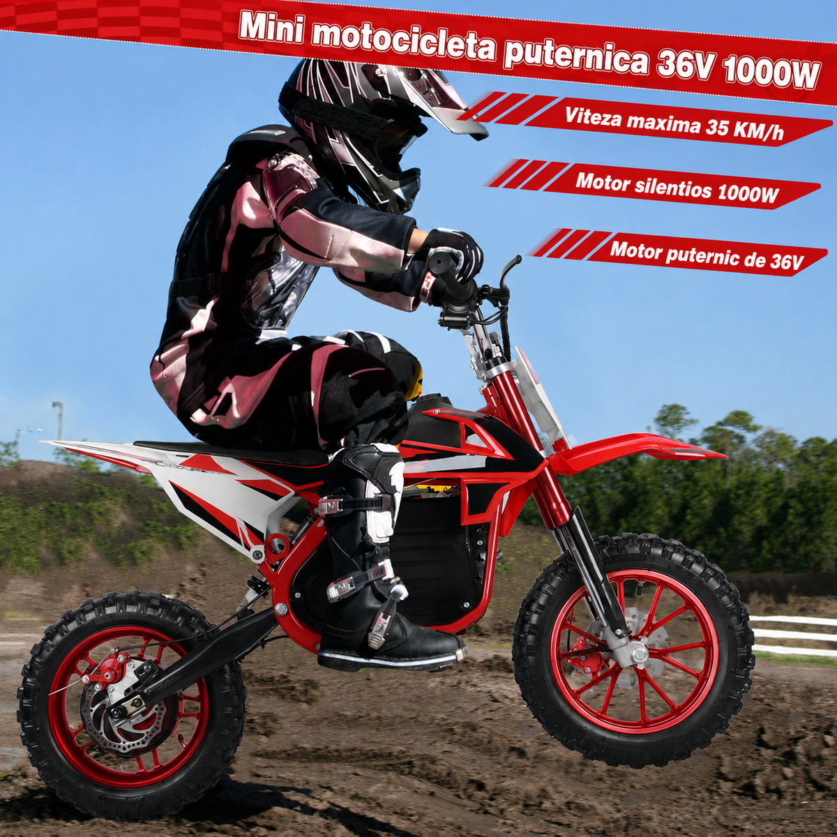 Motocicleta Electrica Dirt Bike pentru Copii, 36V 1000W, Roti Cauciuc 10 Inch, Frane pe Disc, 8-13 Ani - Rosu