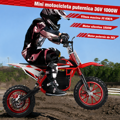 Motocicleta Electrica Dirt Bike pentru Copii, 36V 1000W, Roti Cauciuc 10 Inch, Frane pe Disc, 8-13 Ani - Rosu