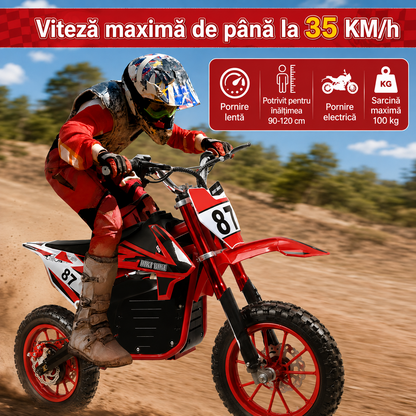 Motocicleta Electrica Dirt Bike pentru Copii, 36V 1000W, Roti Cauciuc 10 Inch, Frane pe Disc, 8-13 Ani - Rosu