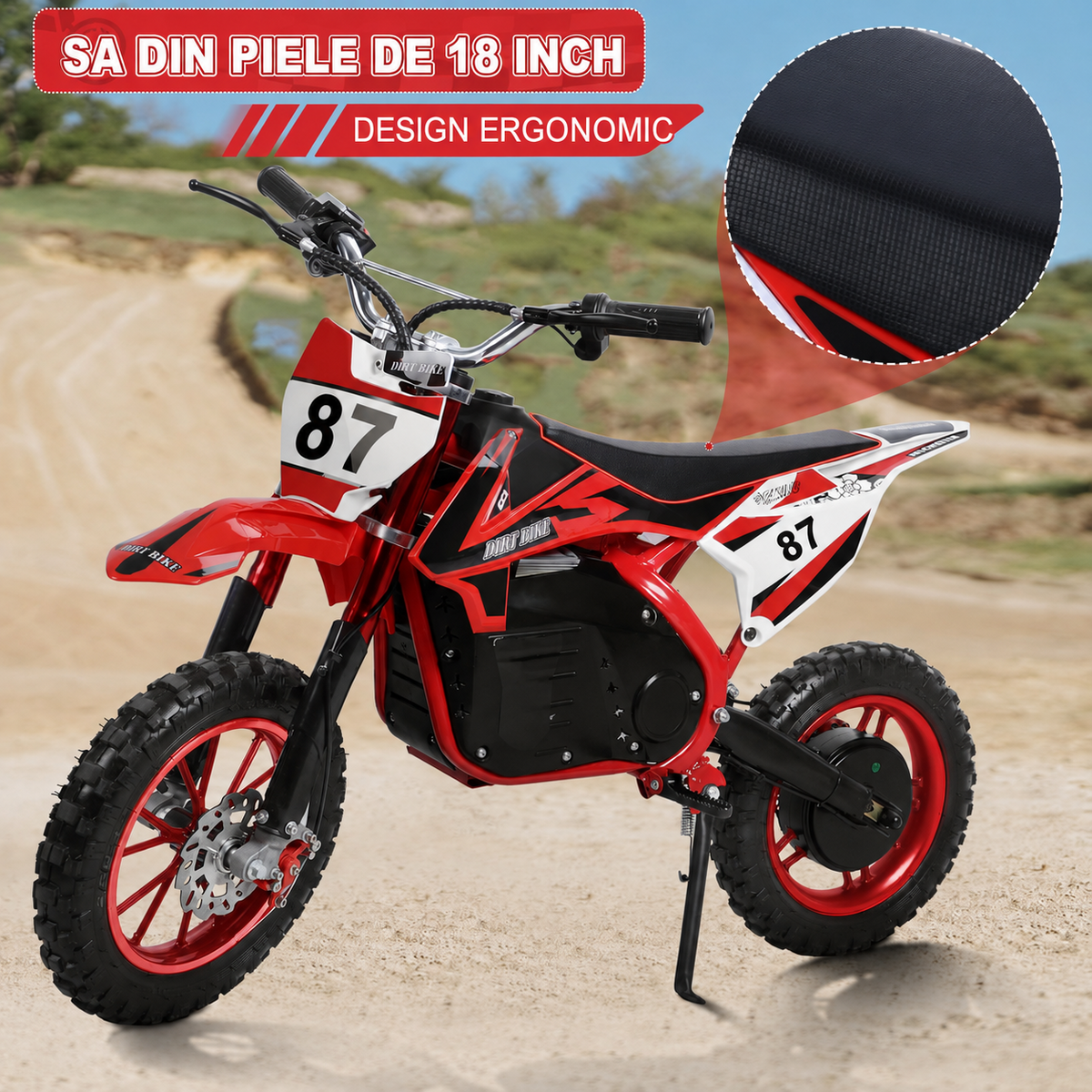 Motocicleta Electrica Dirt Bike pentru Copii, 36V 1000W, Roti Cauciuc 10 Inch, Frane pe Disc, 8-13 Ani - Rosu