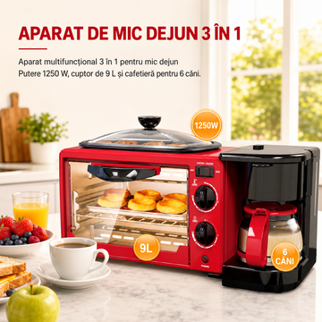 RAF R.5308R Statie de Mic Dejun 3 in 1, Cuptor Electric 9L, Cafetiera 0.6L, Tigaie Grill, 1250W
